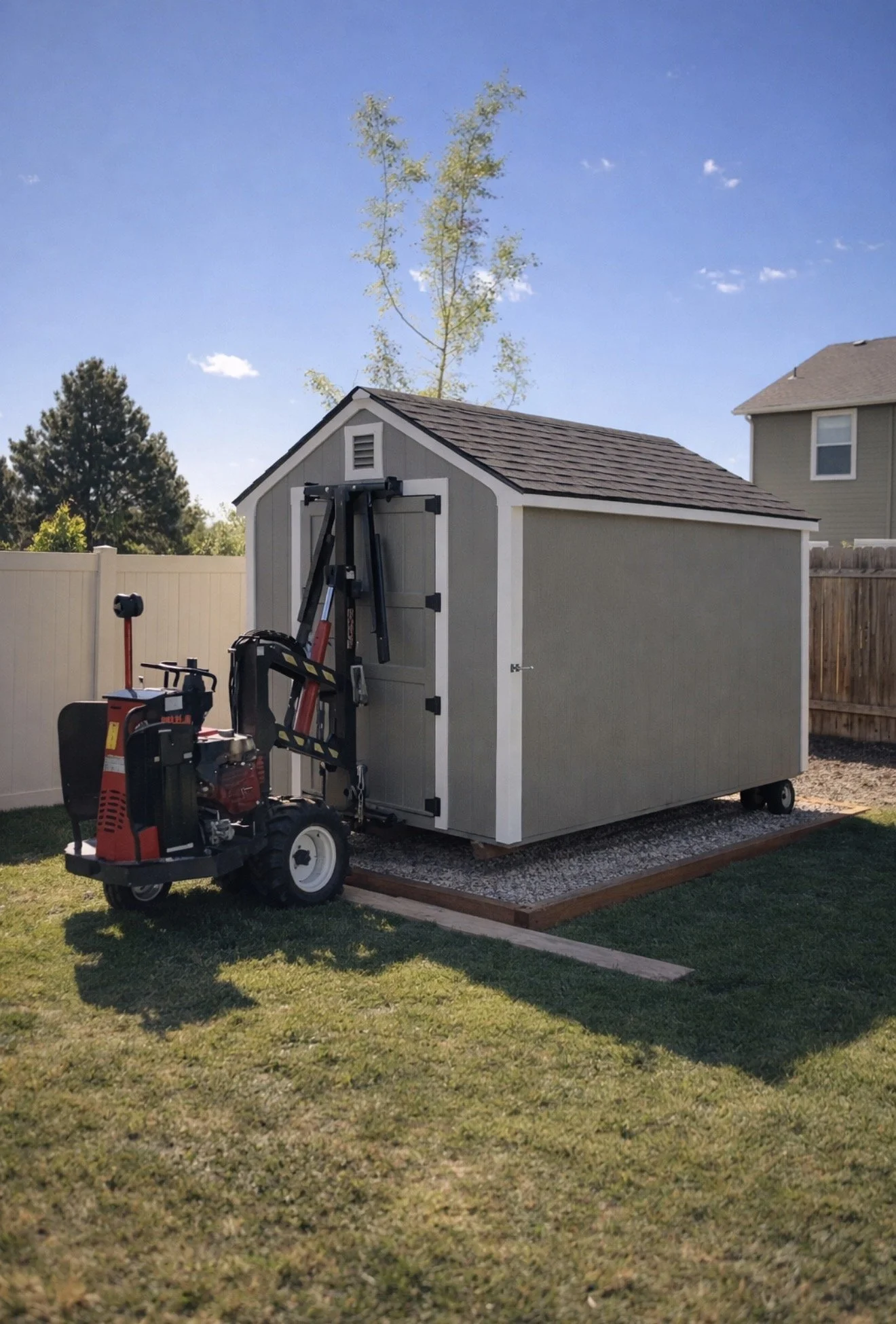 ShedPros using a Cardinal Mule 413 shed mover to place a finished shed onto a leveled gravel foundation without damaging the lawn