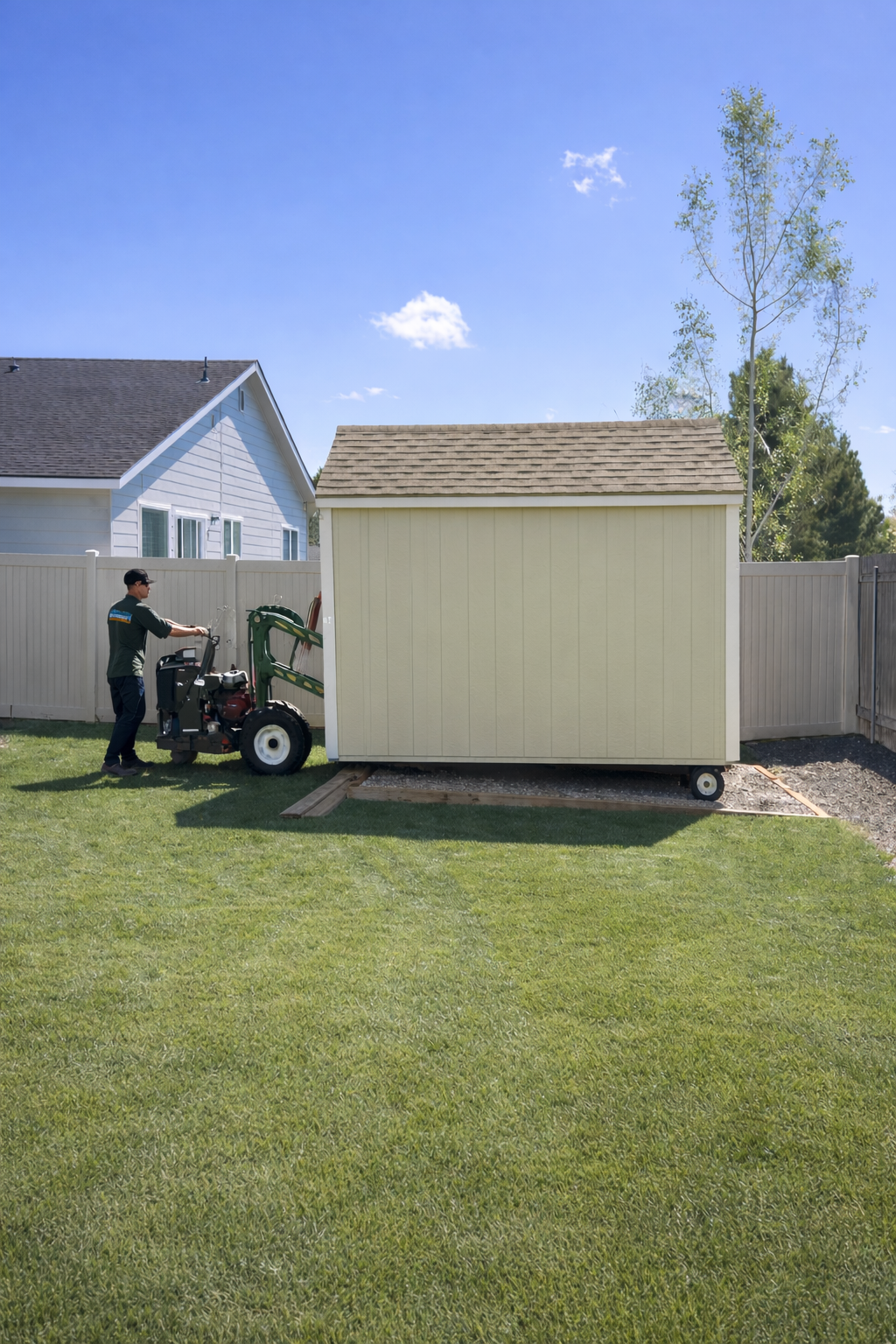 ShedPros technician using a professional shed mover to place a shed onto a prepared gravel foundation in a residential backyard in the Pacific Northwest