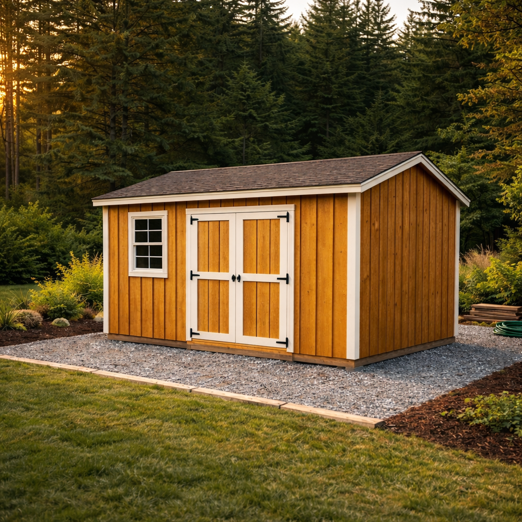 Custom ShedPros wooden shed installed on a compacted gravel foundation pad in a landscaped backyard in Thurston County, Washington