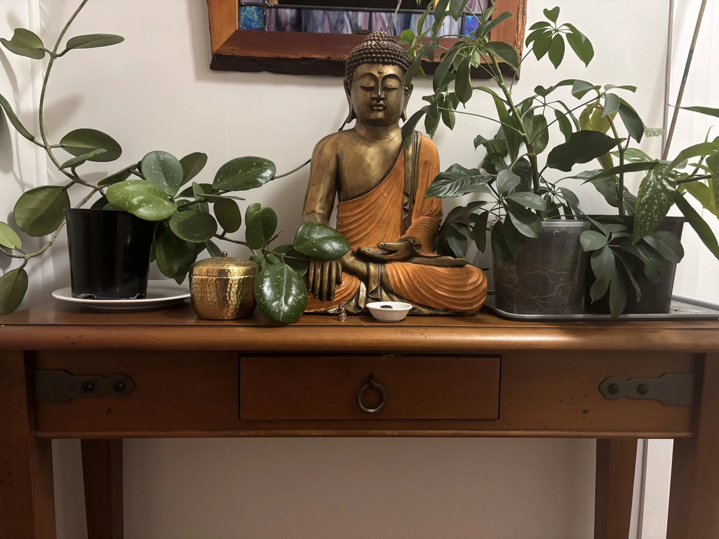 A wooden table with a drawer, on which there are potted plants, a small golden container, and a small dish with dark stones, with a Buddha statue and artwork on the wall behind.
