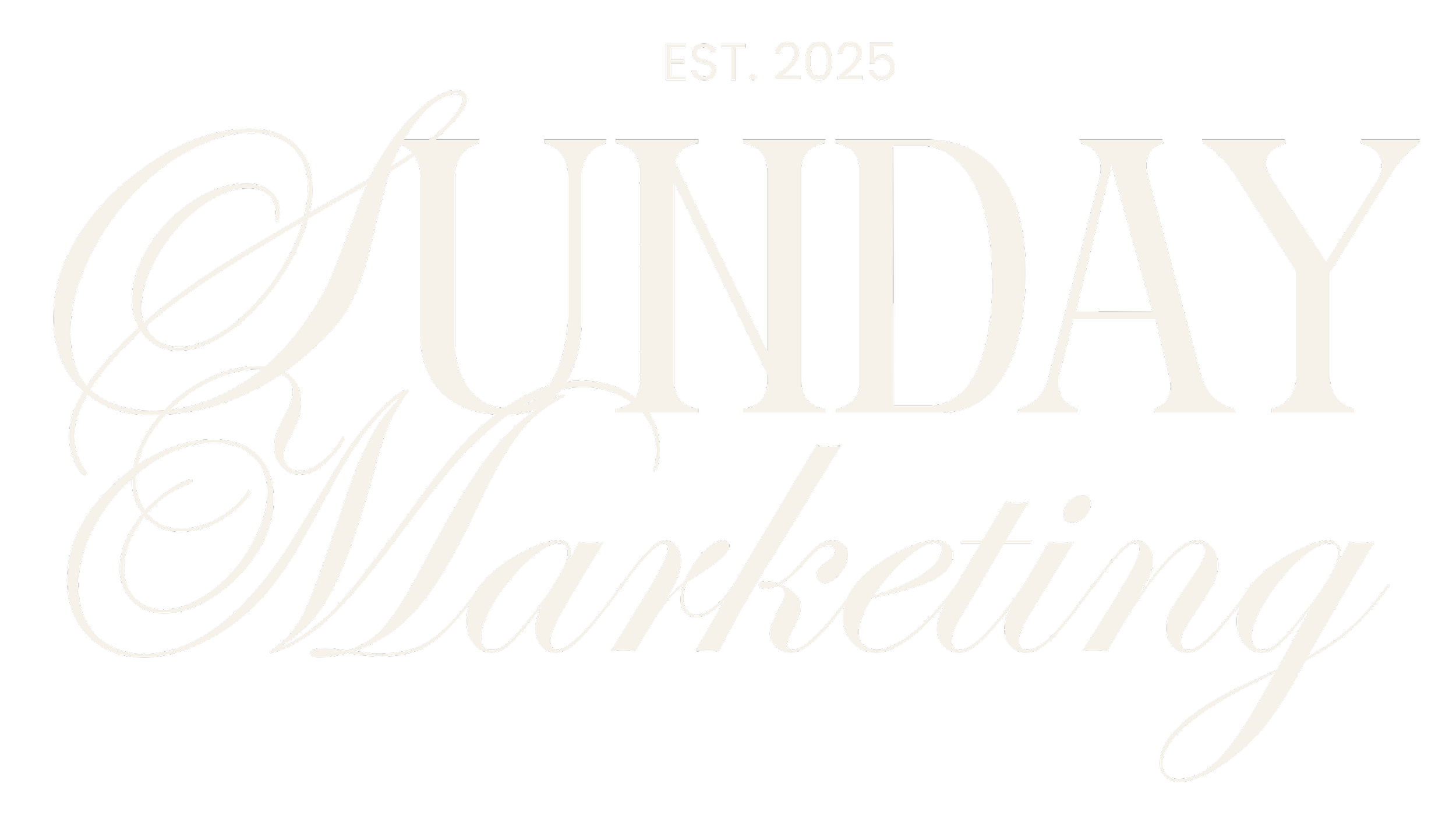Text reading 'Sunday Marketing' with 'Est. 2025' at the top, set in elegant black and white typography on a black background.