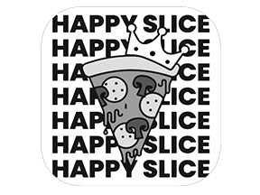Eine Pizza mit Pilzen und Oliven auf einem schwarzen und weißen Hintergrund mit der Aufschrift 'Happy Slice' und einer Krone darüber.