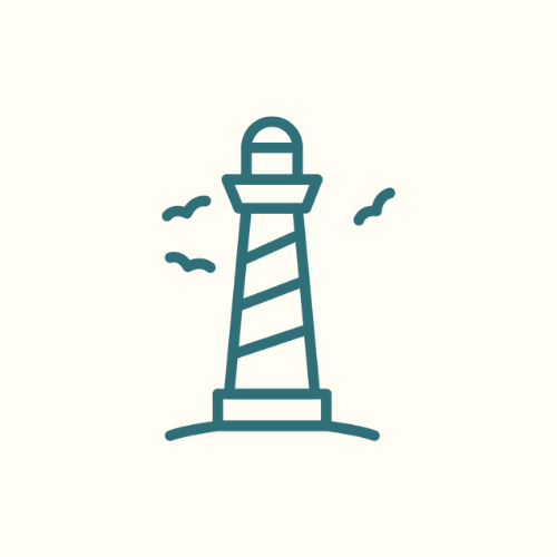 Icon von einem Leuchtturm, drei Möwen fliegen drumherum