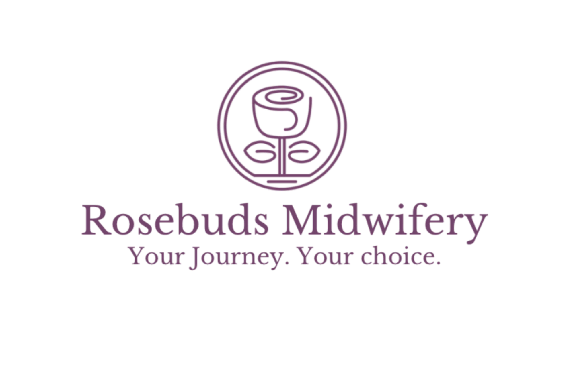 Logo for Rosebuds Midwifery featuring a stylized purple rose with a cup shape at its center, accompanied by the tagline "Your Journey. Your choice." in purple text.