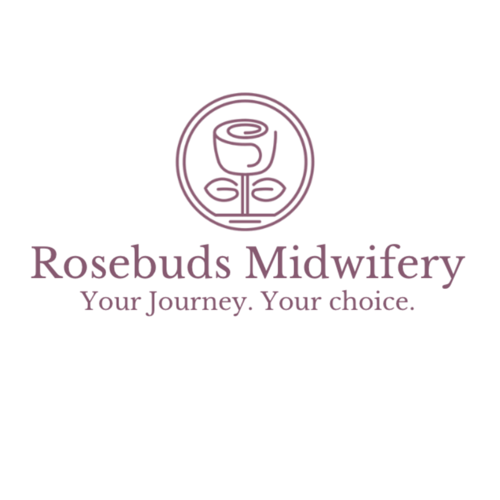 Rosepud's Midwifery logo featuring a stylized spiral rose inside a circle with the business name and tagline 'Your Journey, Your choice' in purple text.