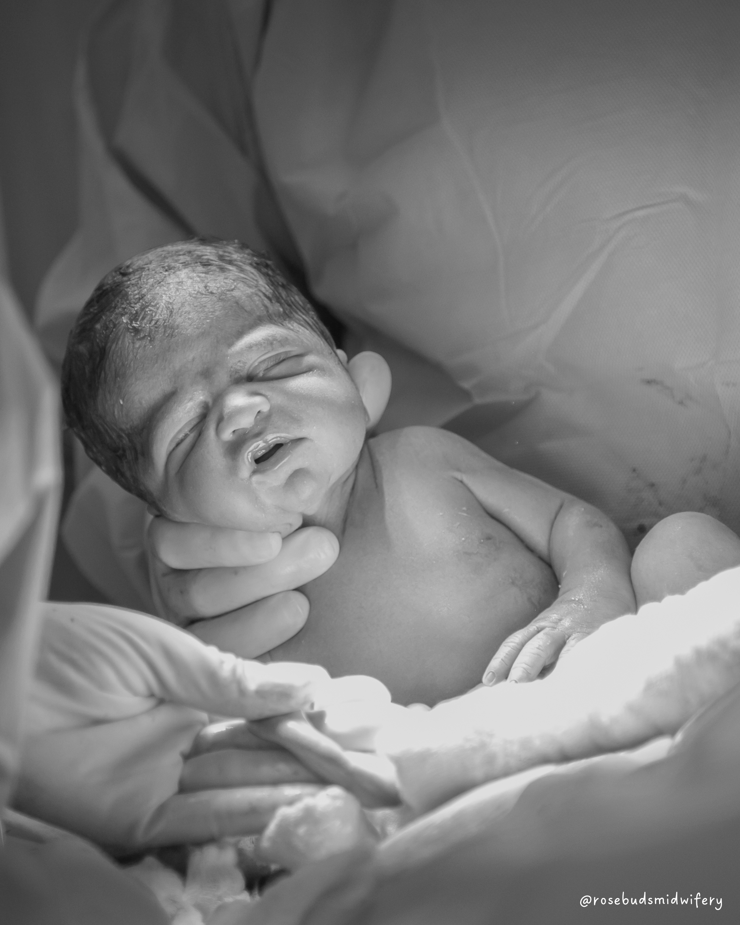 Black and white photo of a newborn baby in a birthing environment, with a hand gently supporting the baby's head.