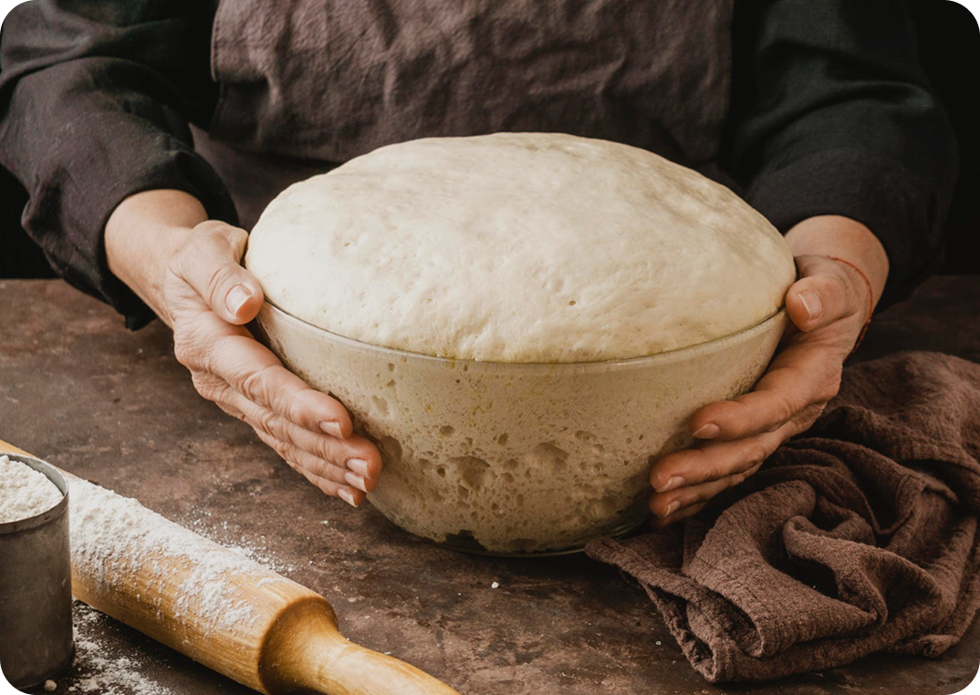 Person holding a large bowl of sourdough in a kitchen