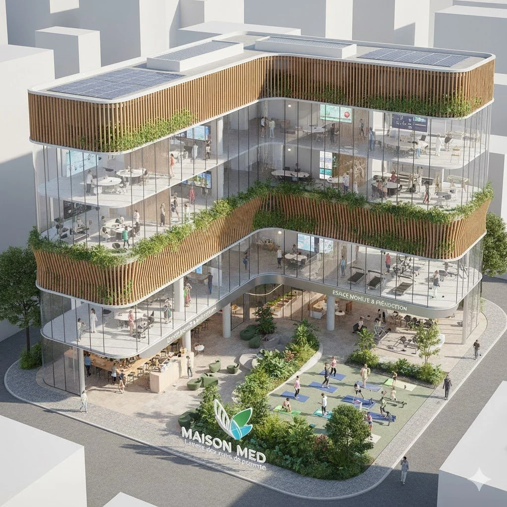 Un bâtiment moderne avec plusieurs étages en verre, comprenant des espaces professionnels, un espace de yoga en plein air au rez-de-chaussée, et des panneaux solaires sur le toit. Le bâtiment porte le nom 'MAISON MED'.