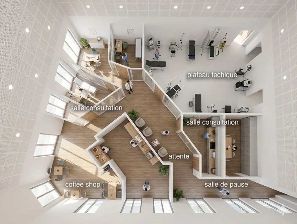 Plan d'une clinique ou hôpital avec différentes zones étiquetées, dont salle de consultation, coffee shop, attente, salle de pause, plateau technique.