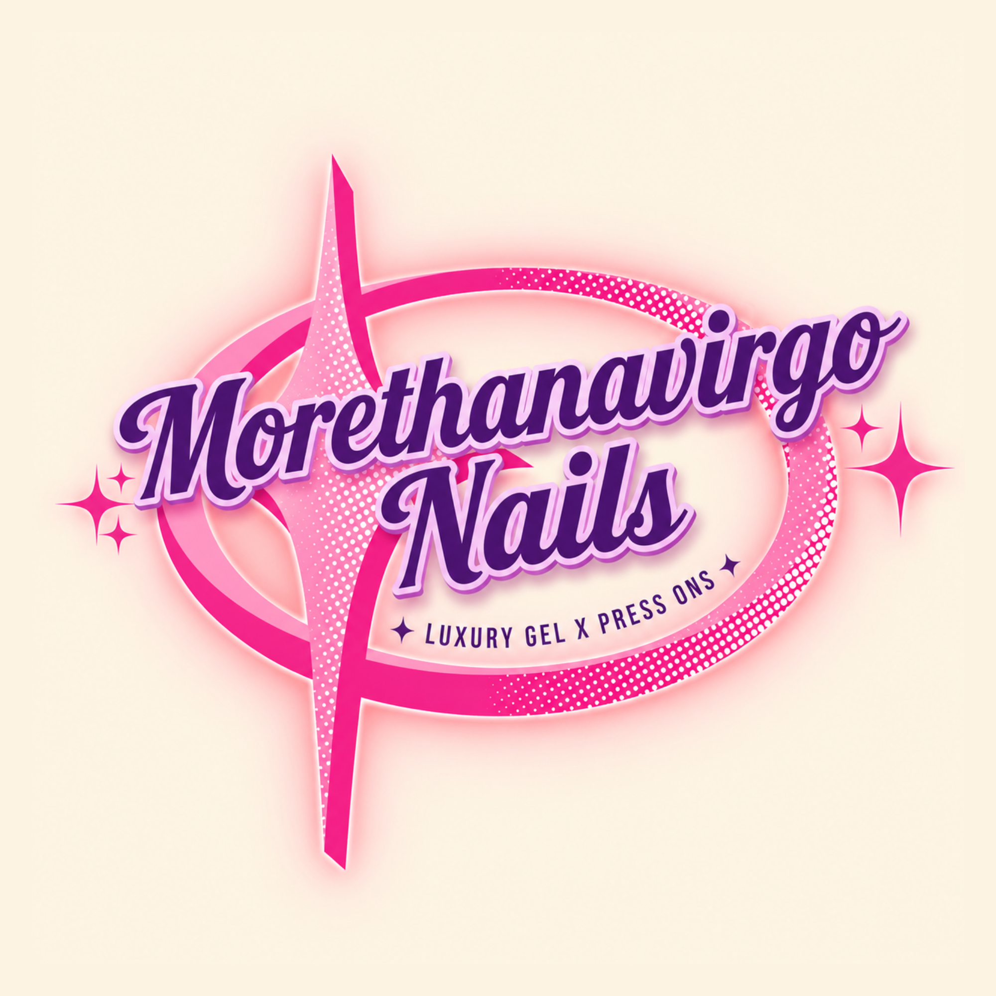 Graphic promotional design with pink and purple text that reads "Marethauqua Nails" and features decorative elements such as sparkles and mountains, on a light background.