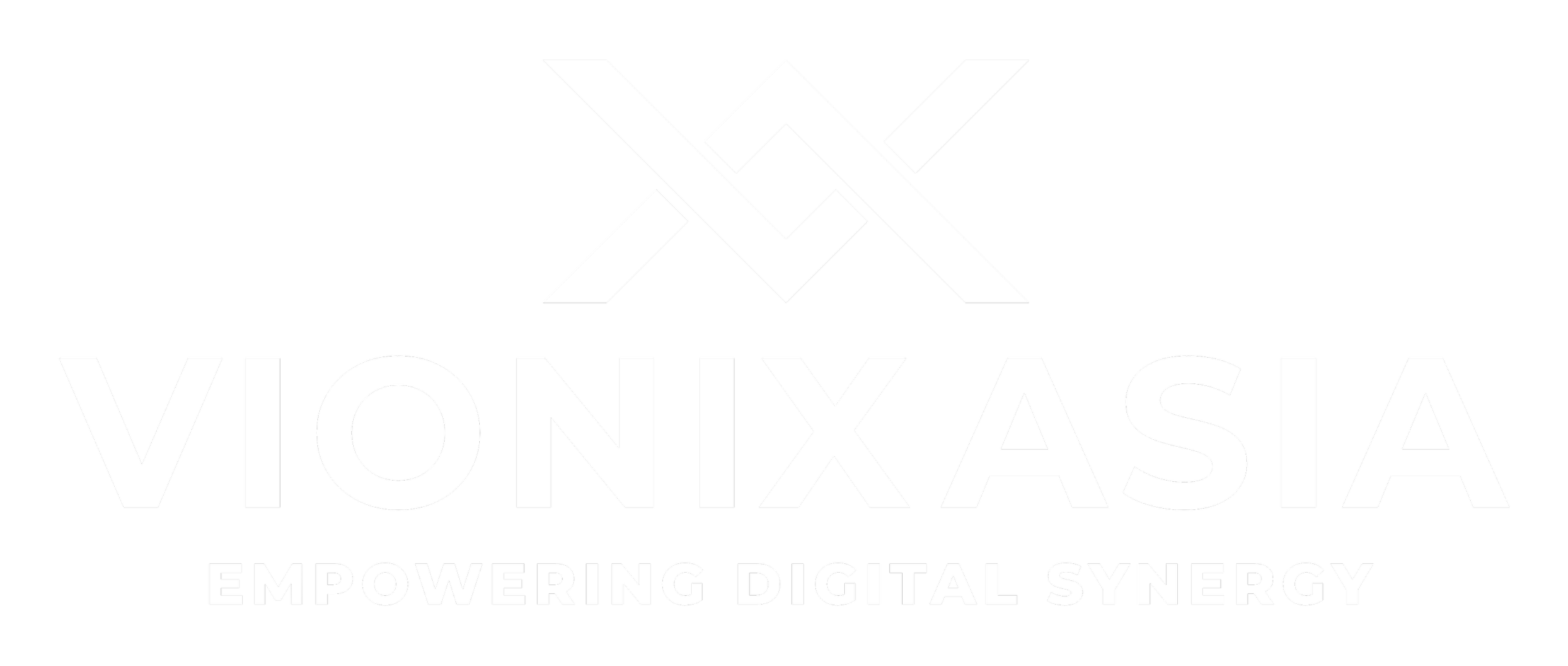 Black background with white logo and text. The logo features an abstract design. Below, the text reads 'VIONIX ASIA' in large letters, and underneath that, smaller text says 'Empowering Digital Synergy'.