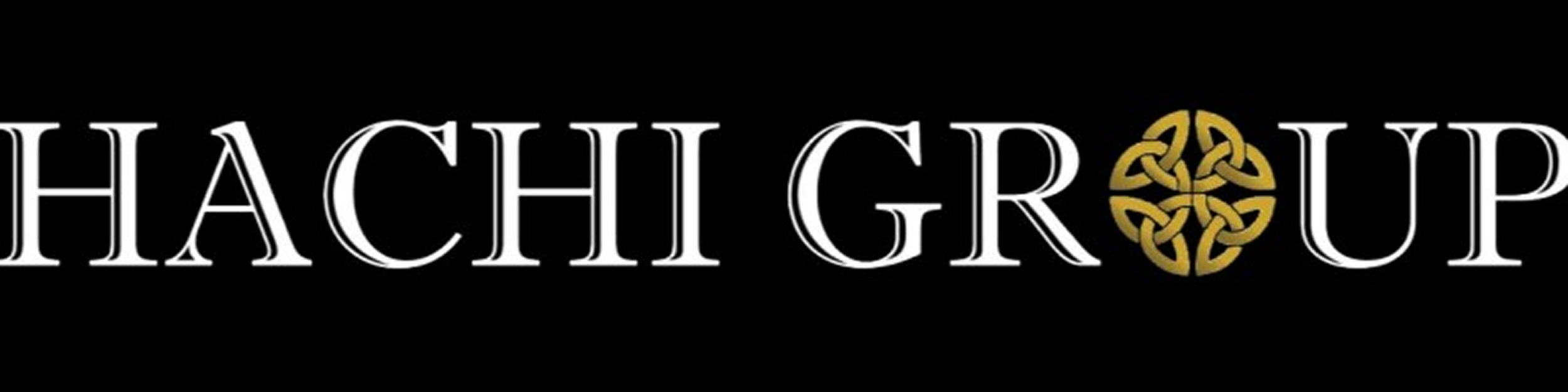 Logo with the words 'HACHI GROUP' in white text and a golden Celtic knot design replacing the letter 'O'.
