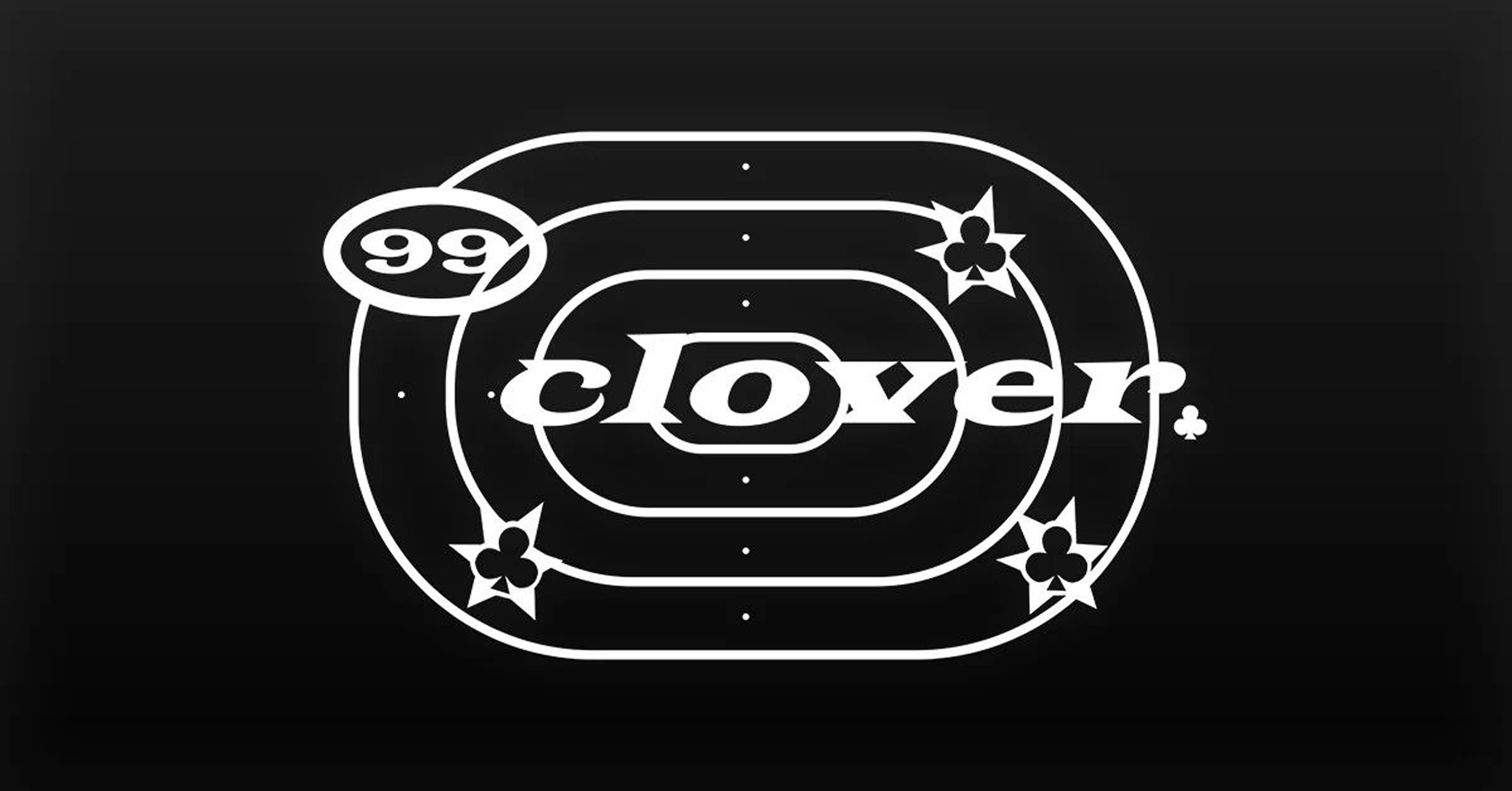 Black background with neon white outline design of the word "cover" in stylized text, surrounded by cards with club symbols and the numbers 99, and decorative stars.
