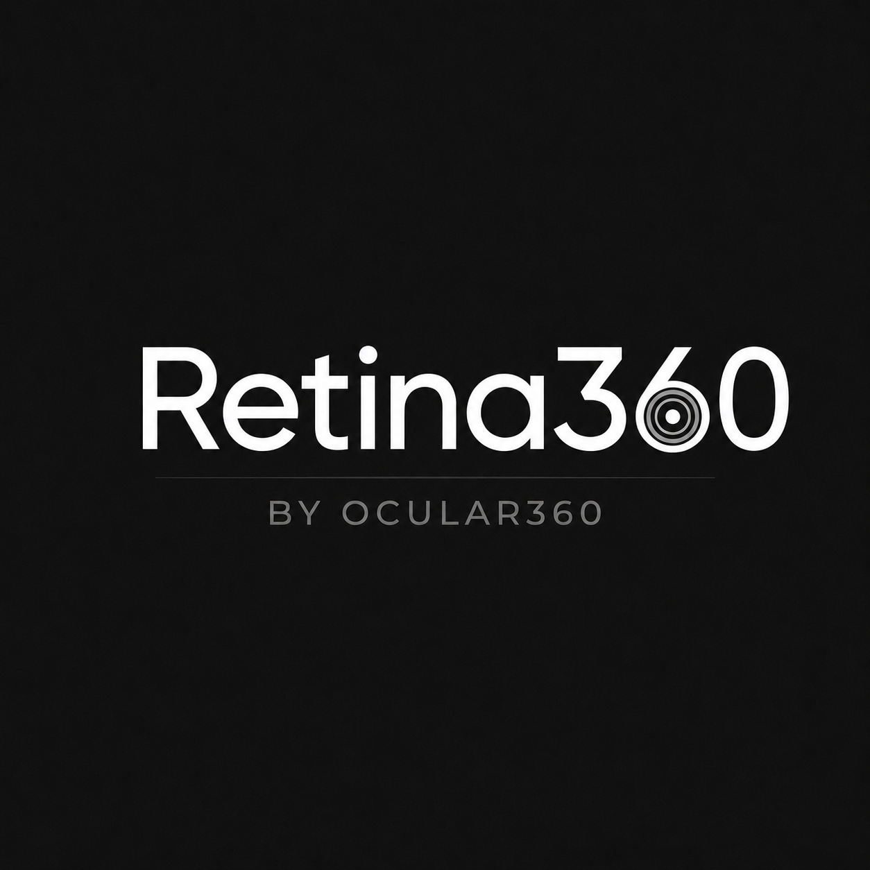 Pantalla con el texto 'Retina 360' y 'by Oculus 360' en fondo negro.