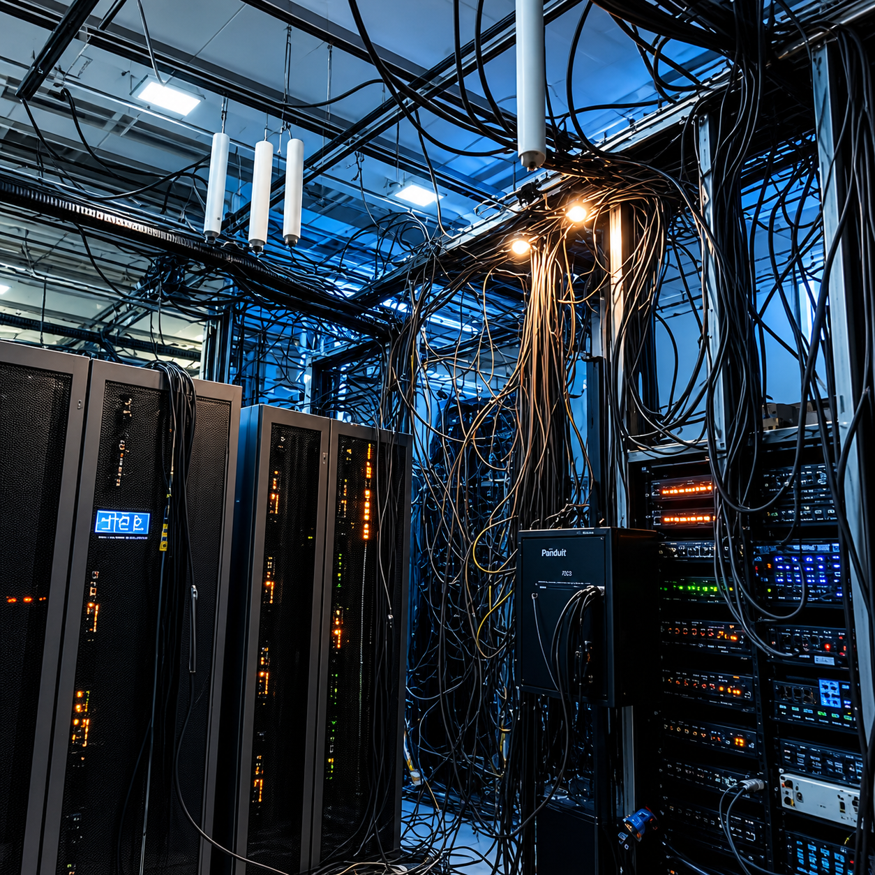 Server room with rack-mounted servers, numerous tangled cables, and blue lighting.