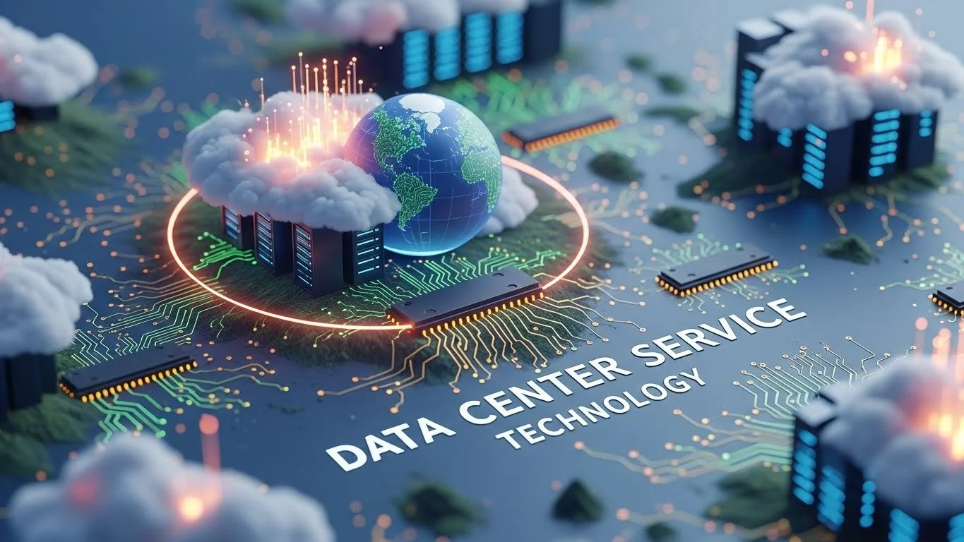 A digital illustration of a data center with a globe in the center, surrounded by clouds, servers, and circuit board elements, representing data center service technology.