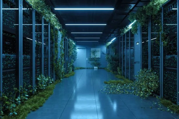 Indoor greenhouse corridor with glass walls, green plants, and ceiling lights.