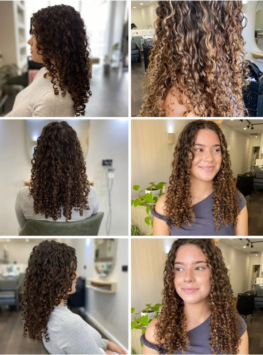 Before and after photos showing a woman's hair transformation from straight to curly, with images of her hair from different angles and her smiling face after styling.