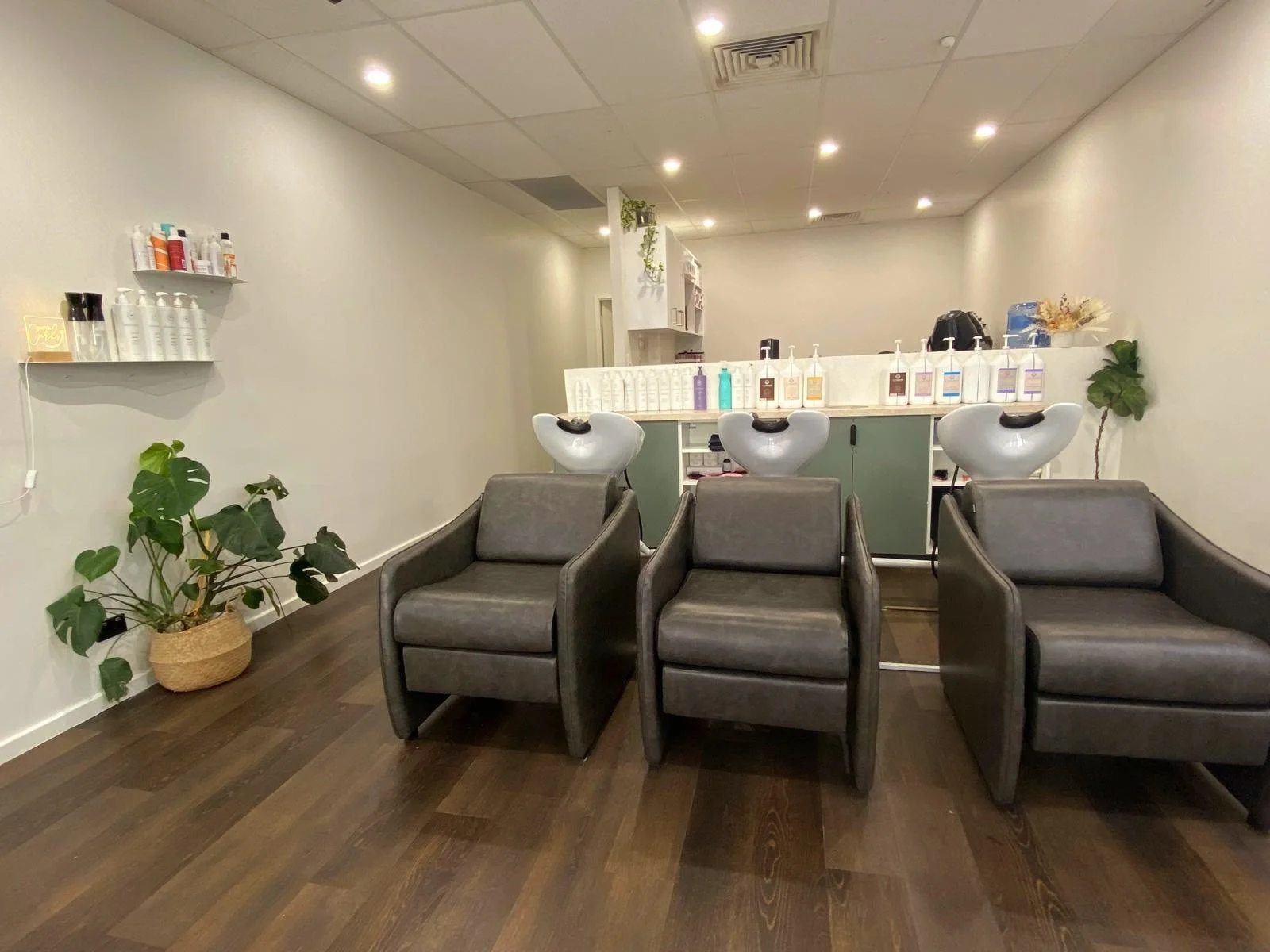 Three gray salon chairs with white shampoo bowls behind them in a modern salon. A plant in a woven basket is on the floor to the left. Shelves with hair products and a counter with bottles are visible in the background.