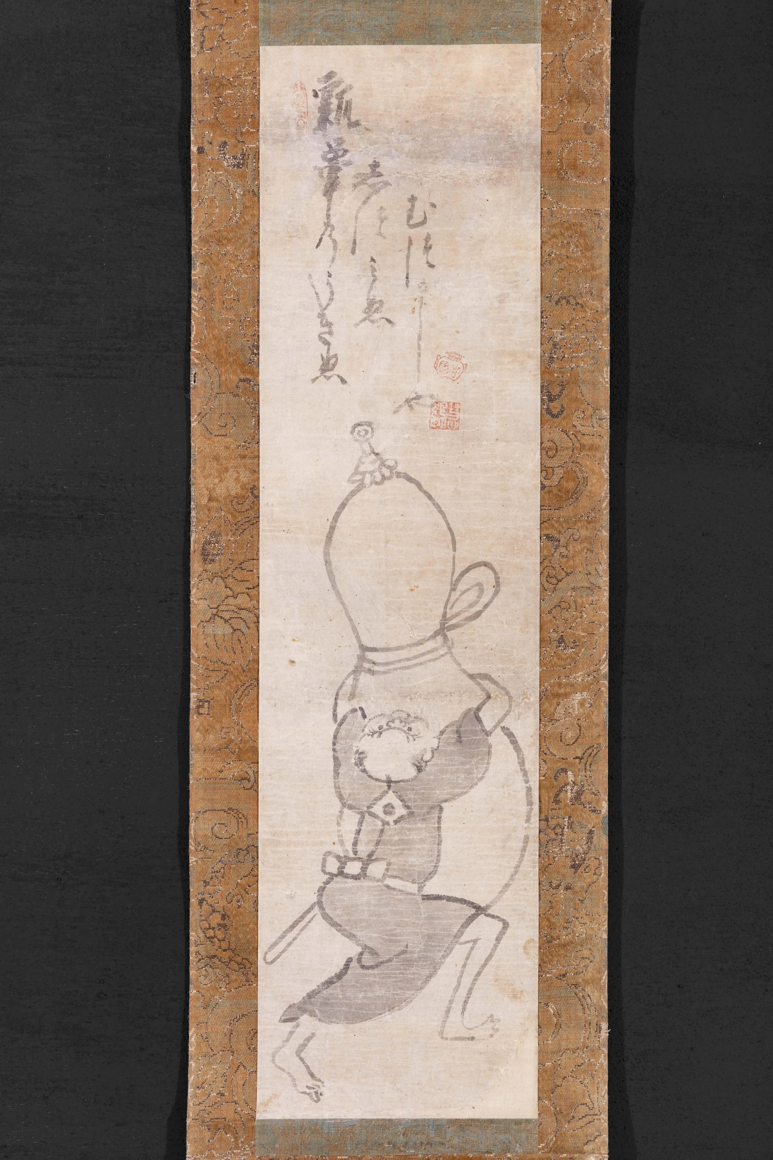 Complete painted image of a samurai reaching toward an oversized gourd, with calligraphic inscription and seals above.