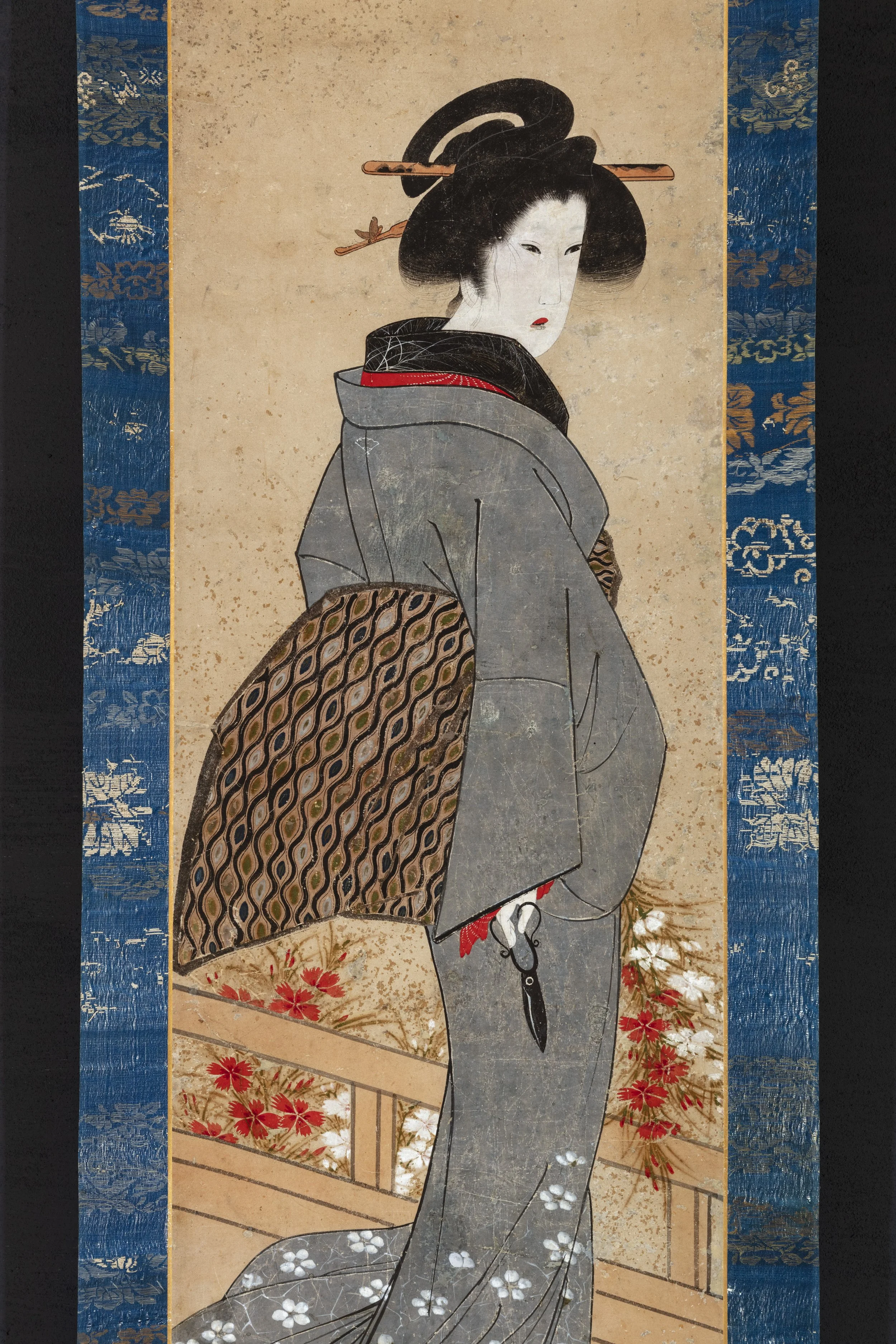 Standing Beauty with Scissors (Bijin with Nadeshiko)  Signed “Kazan” (apocryphal; not by Watanabe