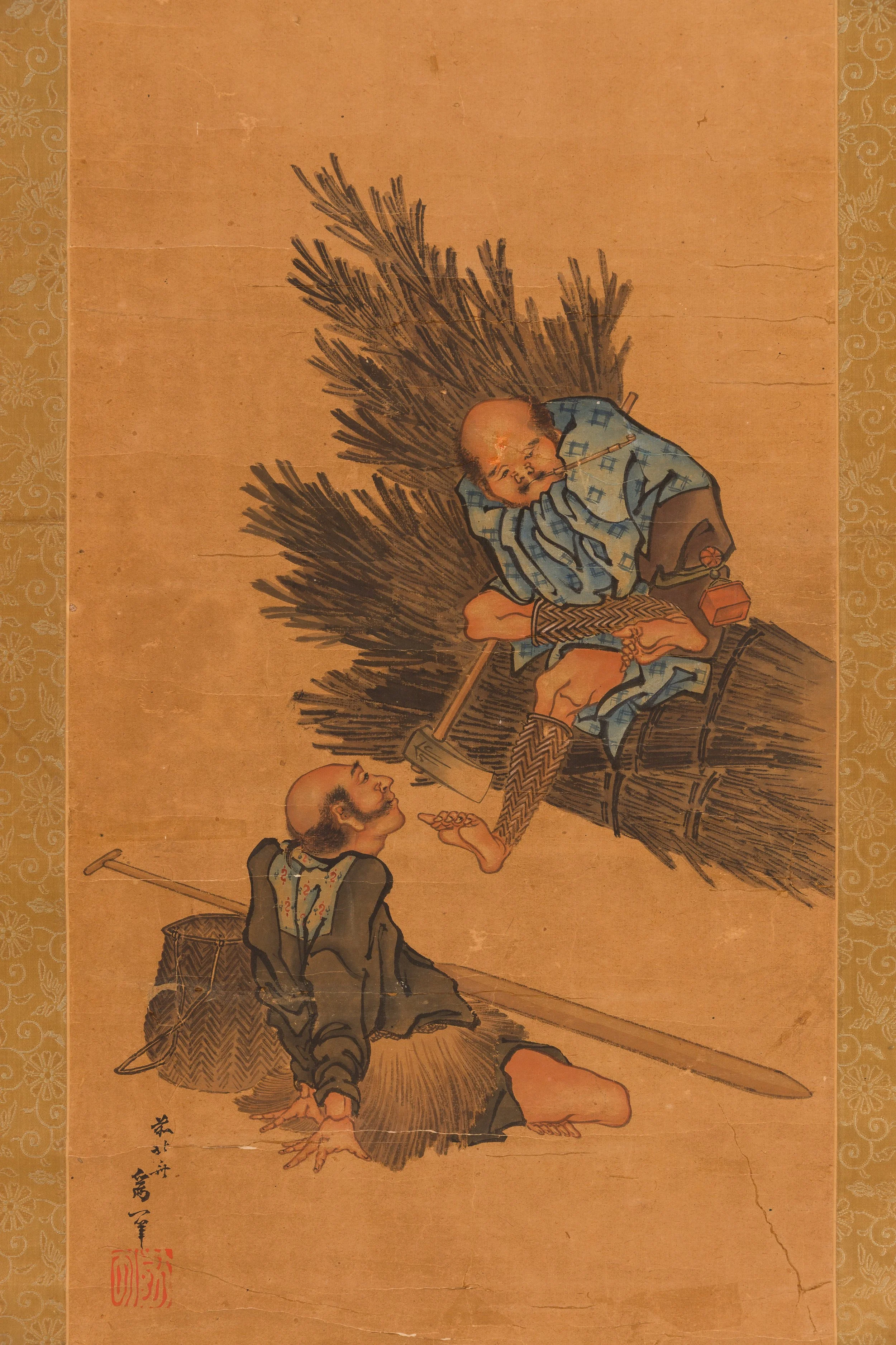 Between Mountain and Water: Woodcutter and Fisherman, School of Hokusai (Katsushika studio circle), c. 1830s–1840s