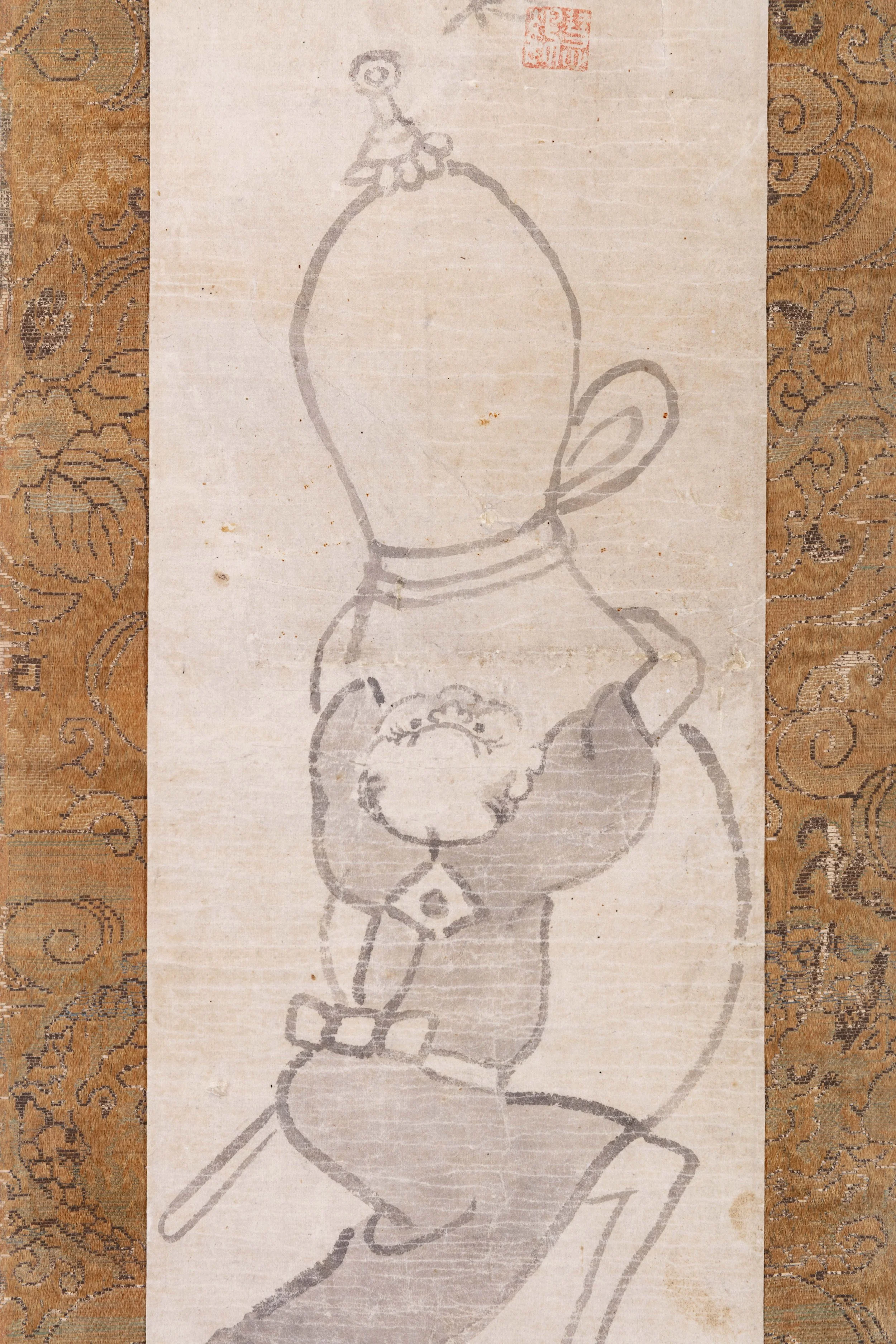 Lower detail of the straining samurai figure reaching upward toward the gourd, rendered in expressive ink brushwork.