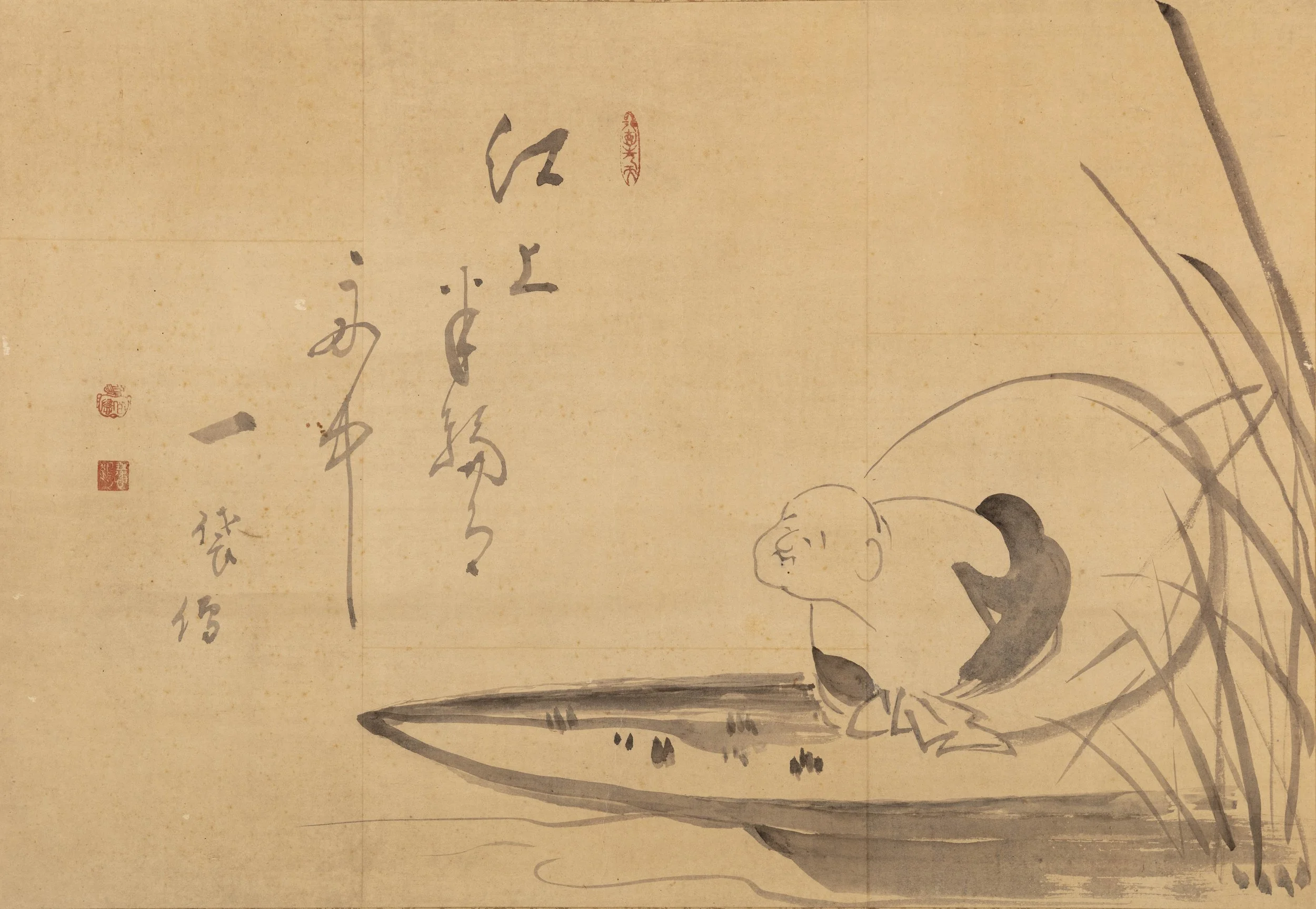 Hotei seated in a narrow skiff among reeds.