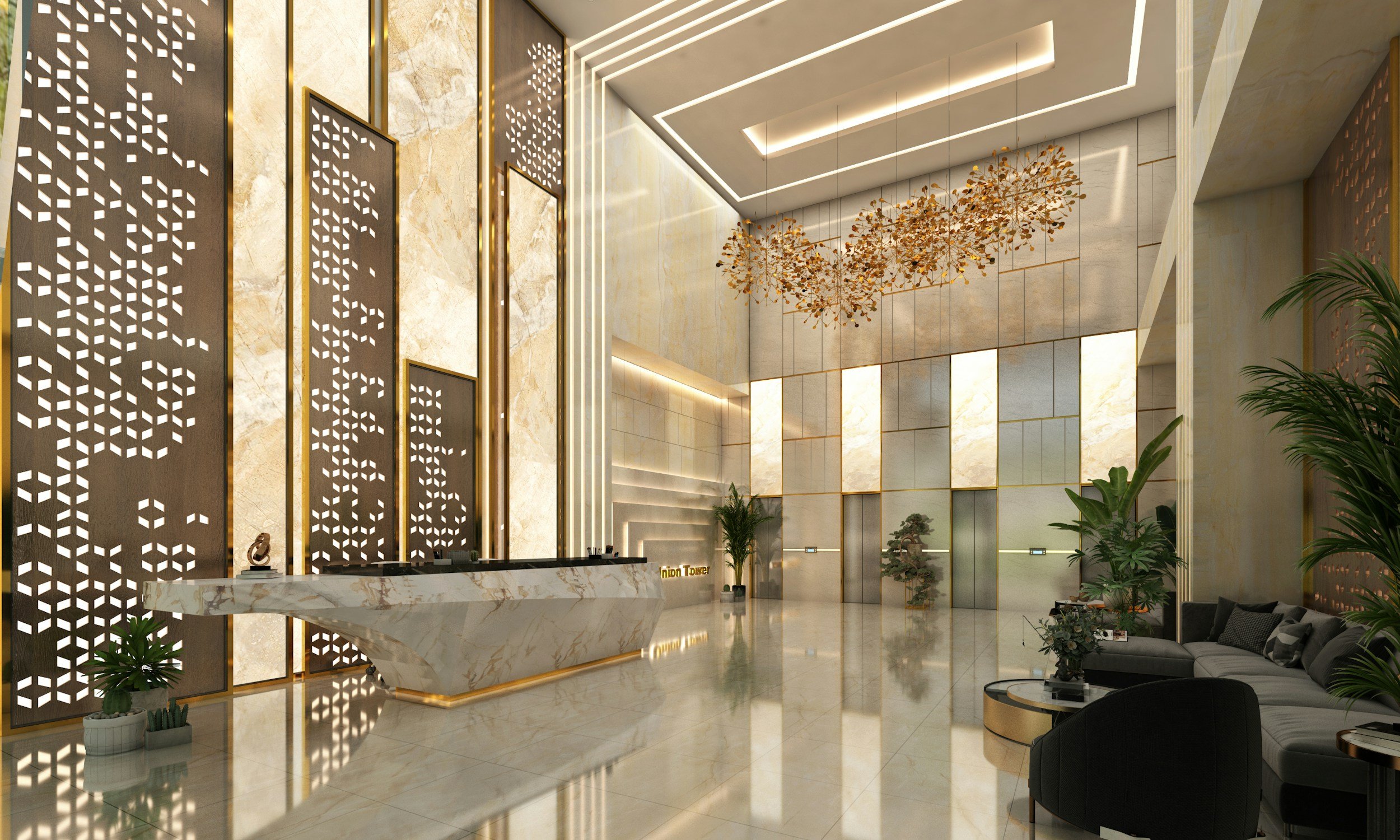 Luxurious hotel lobby with marble flooring, modern decor, and a reception desk. Gold accents, decorative panels, indoor plants, and seating area with black and gray chairs and a coffee table.