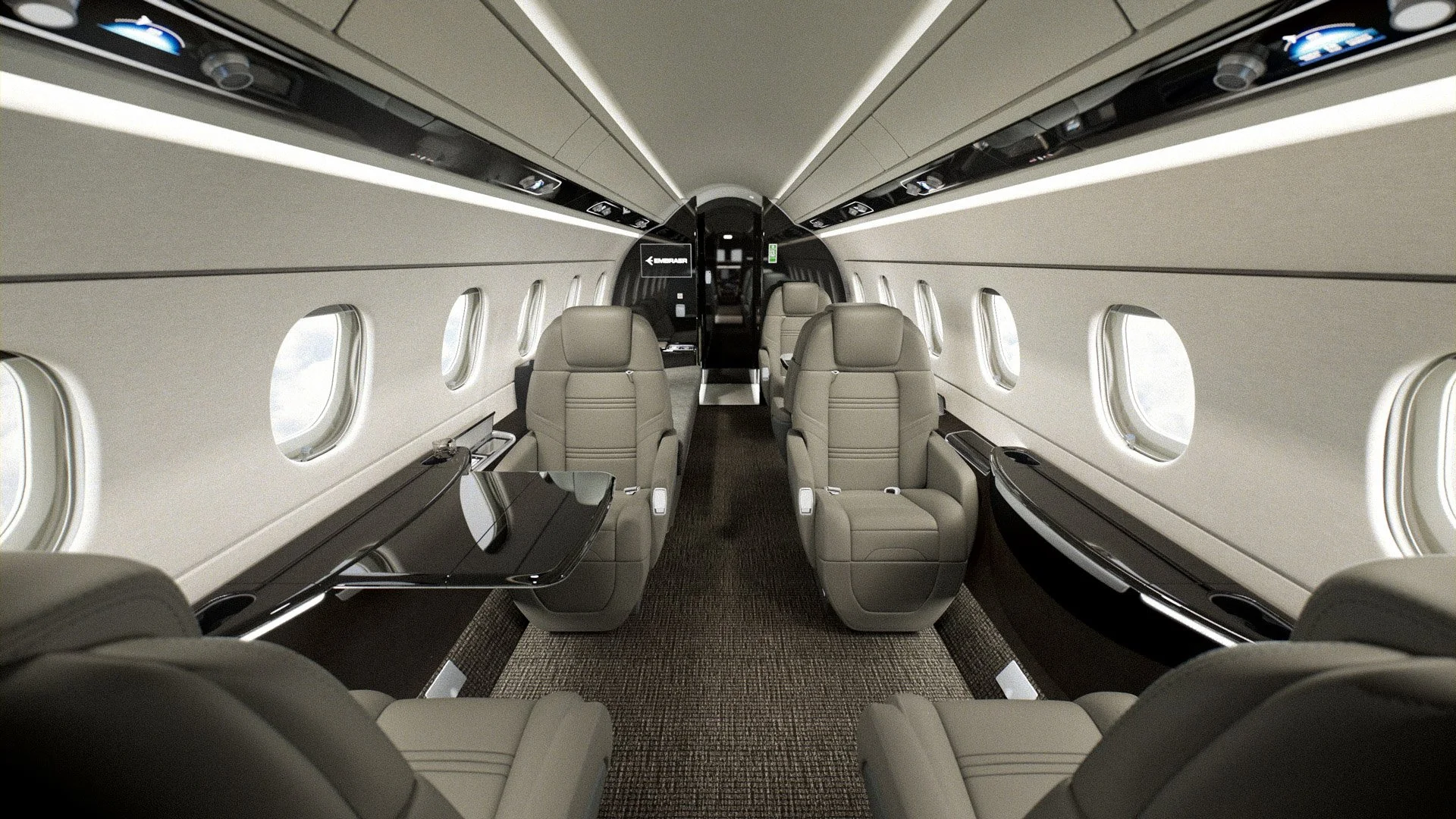 Interior of a private jet with beige leather seats, windows along the sides, and a central aisle.
