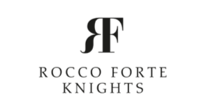 Logo with stylized initials 'RF' above the text 'Rocco Forte Knights' on a black background.