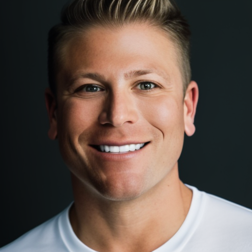 Close-up of a smiling man with short blonde hair, wearing a white shirt, against a dark background.
