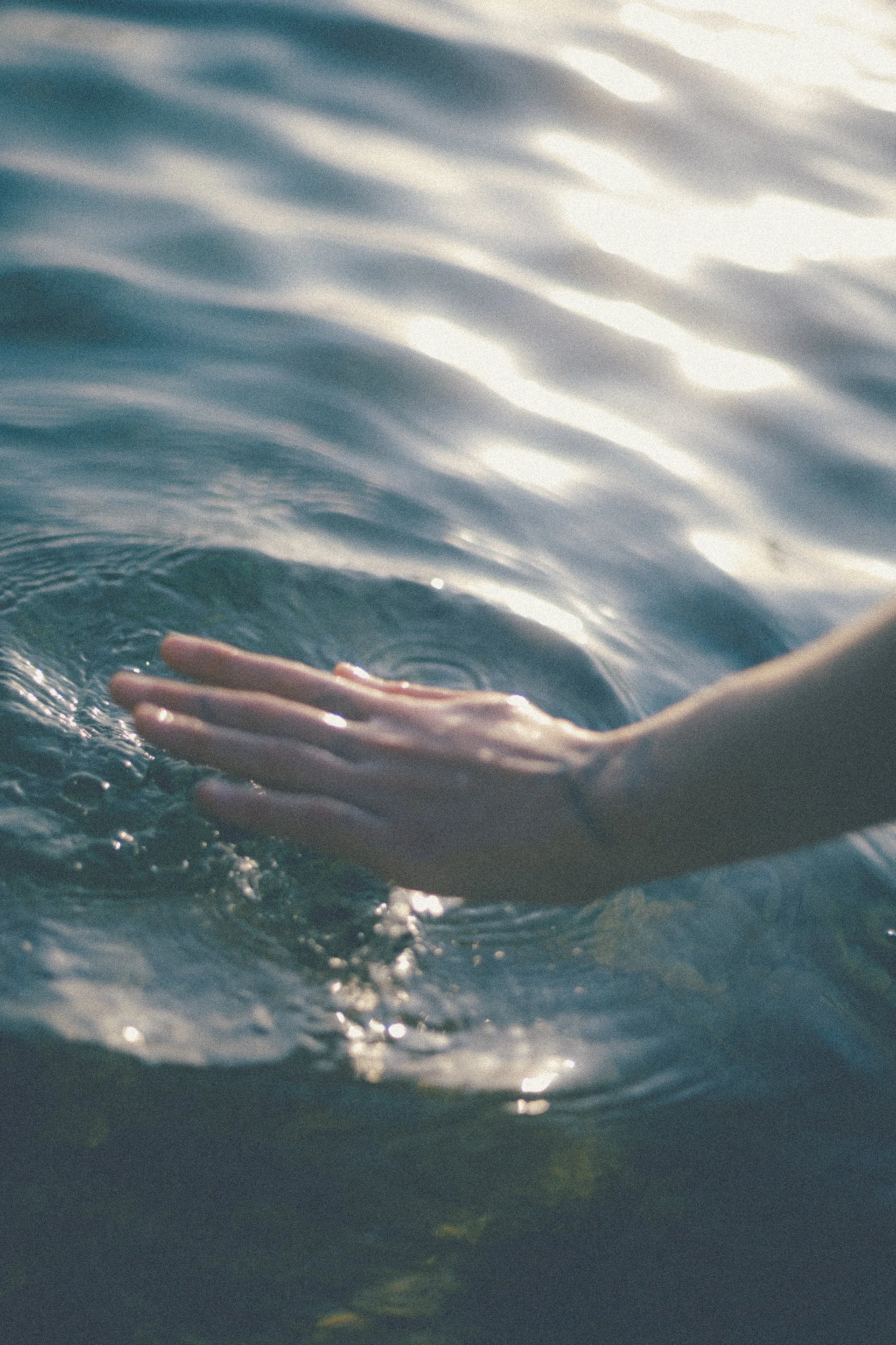 A person's hand reaching into the water near the surface, creating ripples and reflections.
