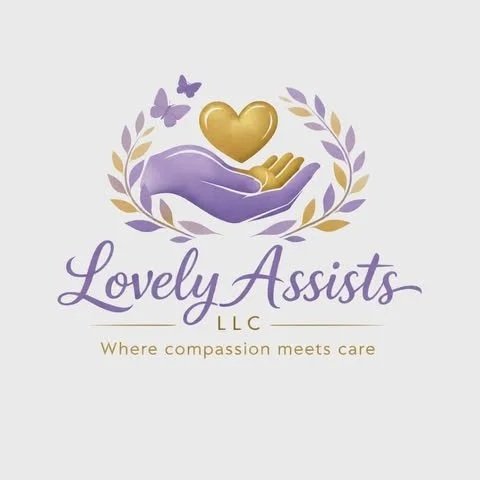 Logo for Lovely Assists LLC featuring a purple hand holding a gold heart, surrounded by purple butterflies and laurel branches, with the tagline "Where compassion meets care."