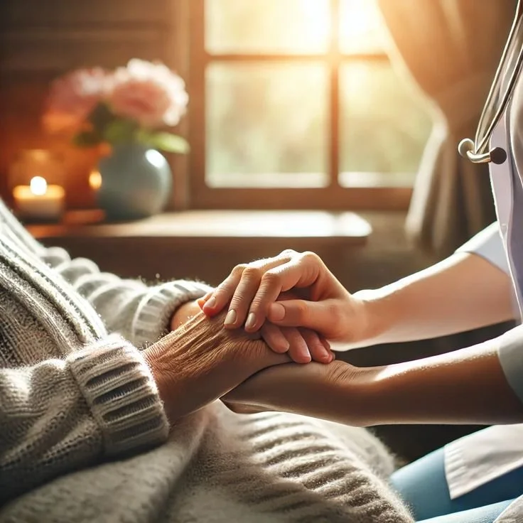 A healthcare professional holding and comforting an elderly patient's hands during a consultation in a warm, cozy room with sunlight coming through a window.