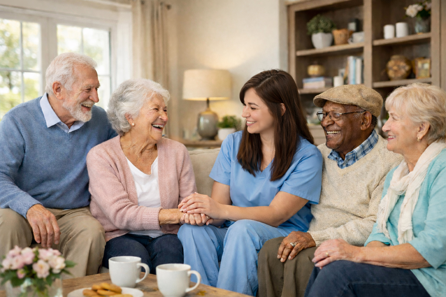 A group of five elderly people and a young woman in scrubs sitting on a sofa in a living room, laughing and smiling while holding hands.