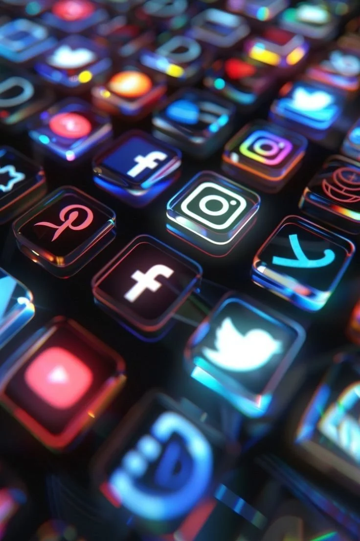 Close-up of illuminated social media app icons on a black background, including Facebook, Instagram, Twitter, Pinterest, and YouTube.