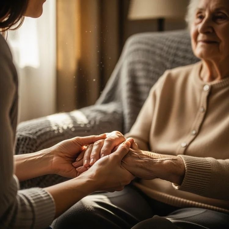 A person holding the hand of an elderly woman in a cozy, softly lit room, conveying comfort and care.
