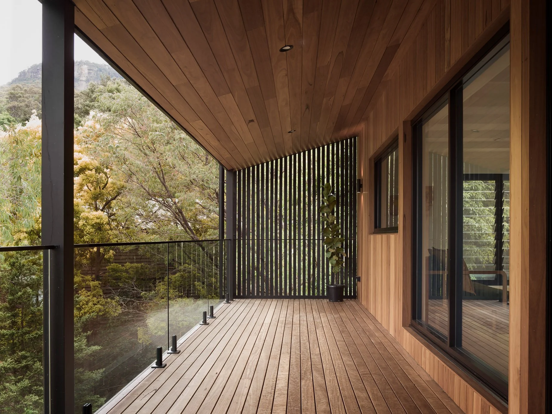 Wooden balcony with glass railing overlooking green trees and mountain in the background, featuring large sliding glass doors and a potted plant.