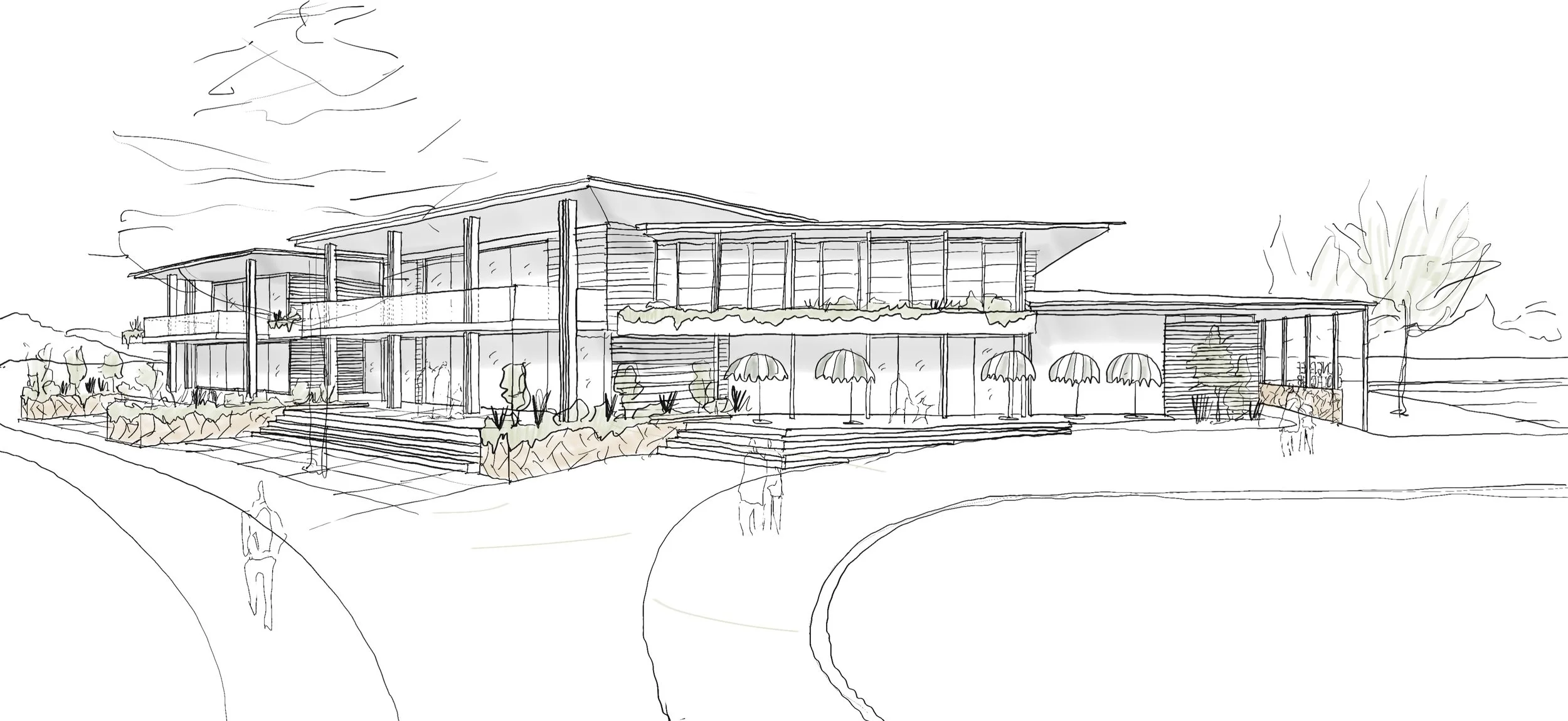 Line drawing of a modern multi-story building with outdoor stairs, shaded outdoor seating with umbrellas, landscaped garden, and trees.