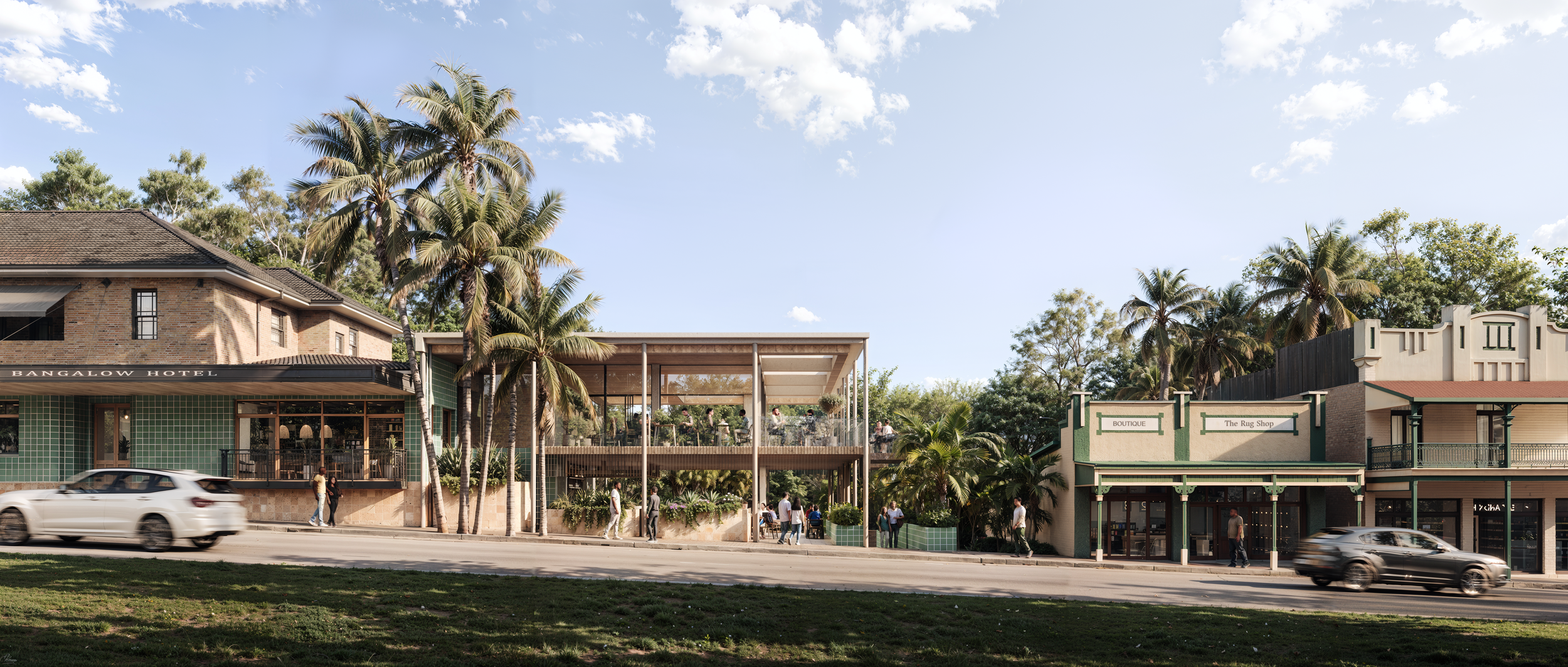 A street view of a shopping and dining area with palm trees, a hotel, and storefronts during daytime.