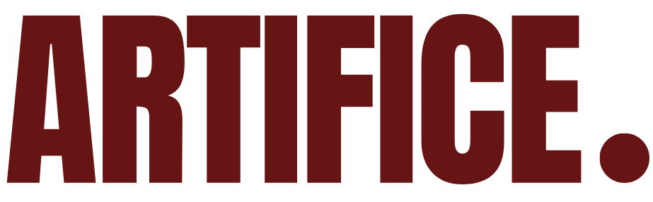Close-up of the word 'ARTIFICE' written in large, bold, dark red letters on a black background.