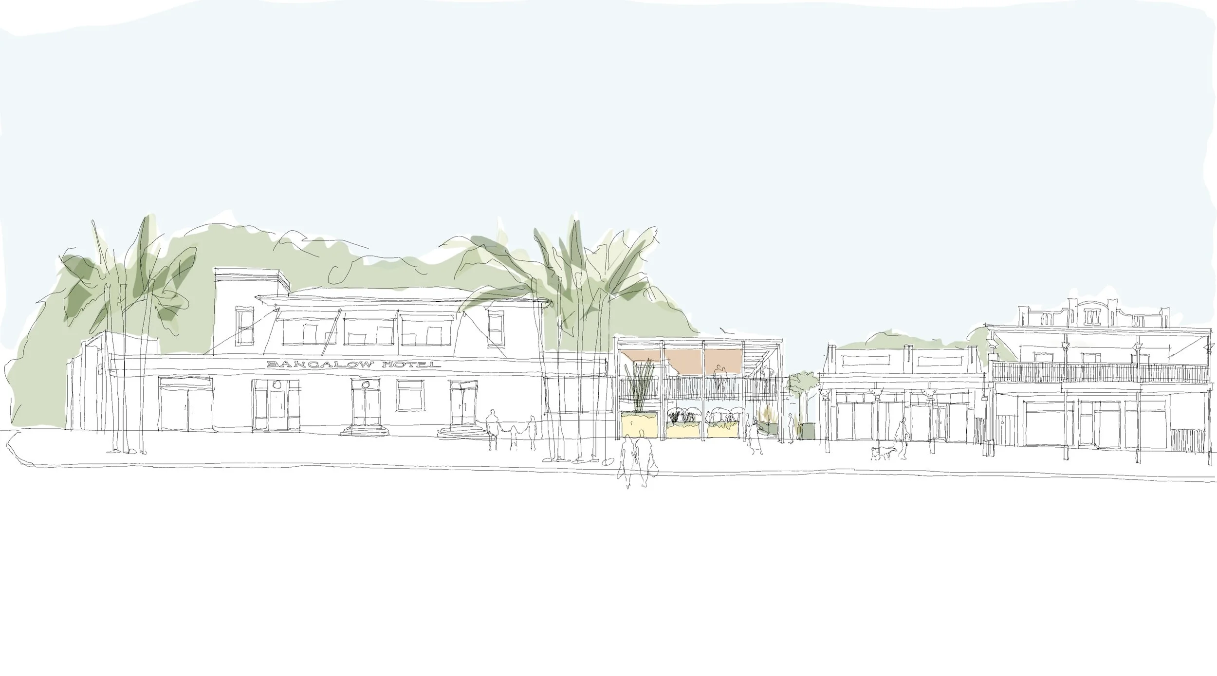 A line drawing of a street scene with buildings and trees in the background, and people in the foreground.