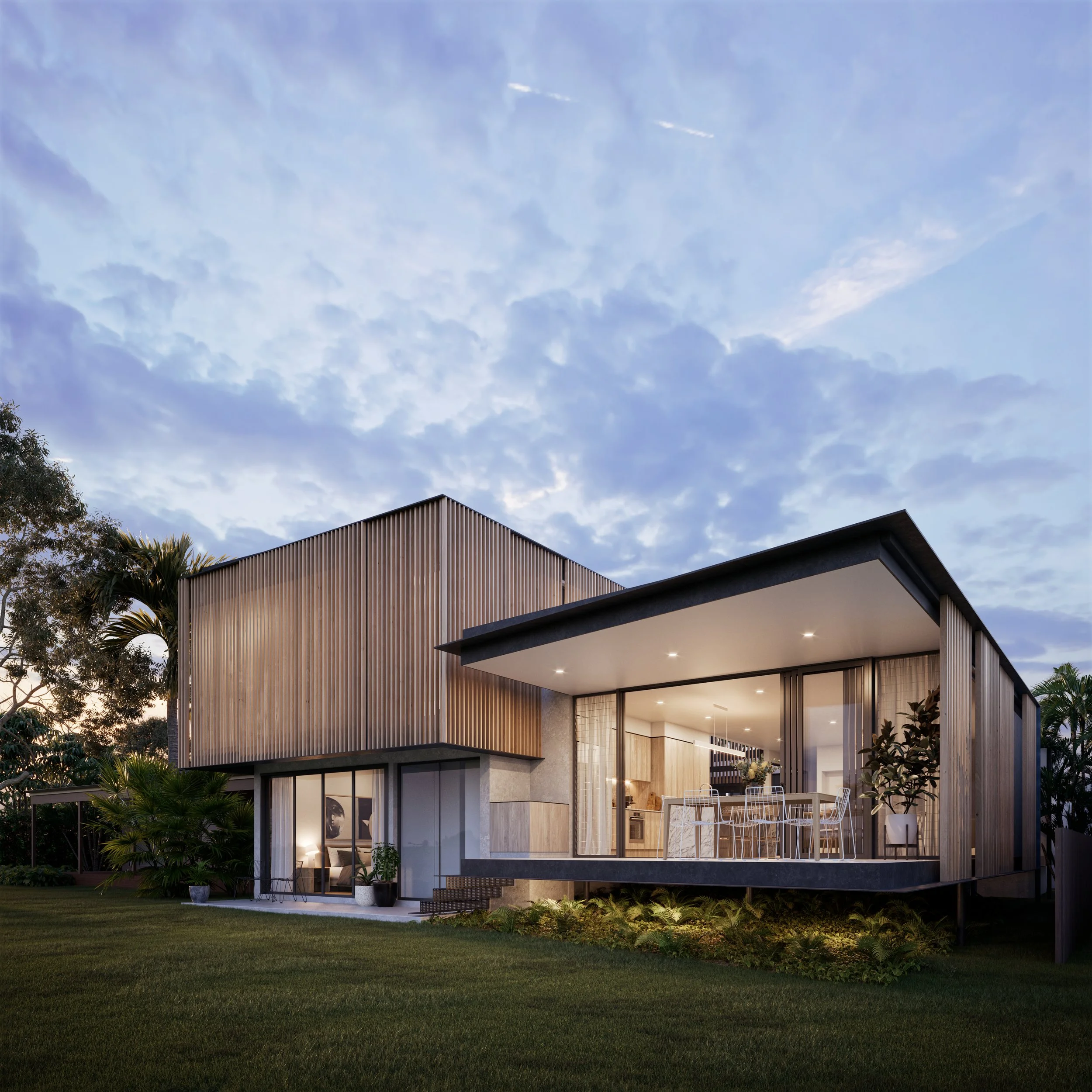 Modern two-story house with large glass windows, wooden paneling, and a spacious balcony in a lush green yard with trees, under a partly cloudy sky in the evening lighting.