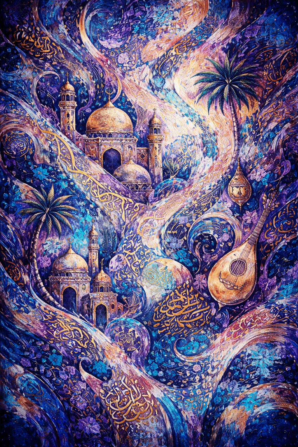 A vibrant, colorful painting featuring Islamic architecture with domes and minarets, surrounded by swirling patterns, palm trees, golden accents, Arabic calligraphy, and a floating lute with a smiling face.