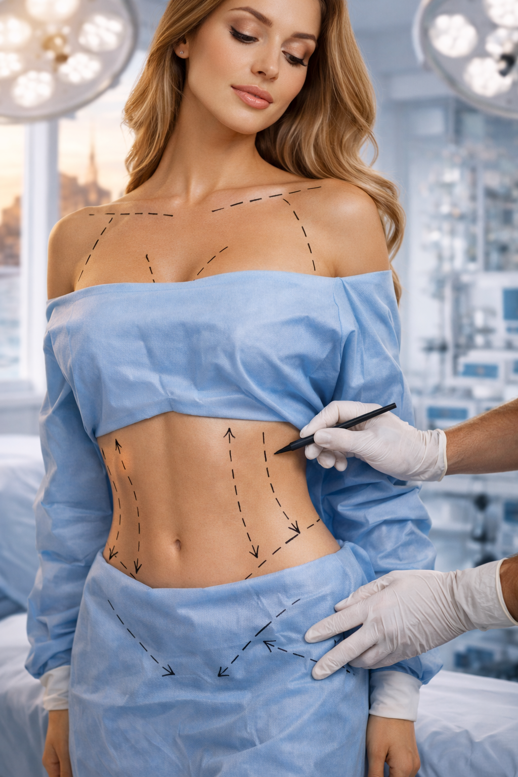 A woman in a hospital gown with surgical markings on her upper body and abdomen, preparing for cosmetic surgery, as a medical professional writes on her body with a marker.