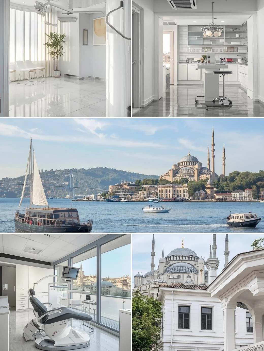 A collage of five images showcasing modern interior spaces, a scenic waterfront with boats and a historic mosque.