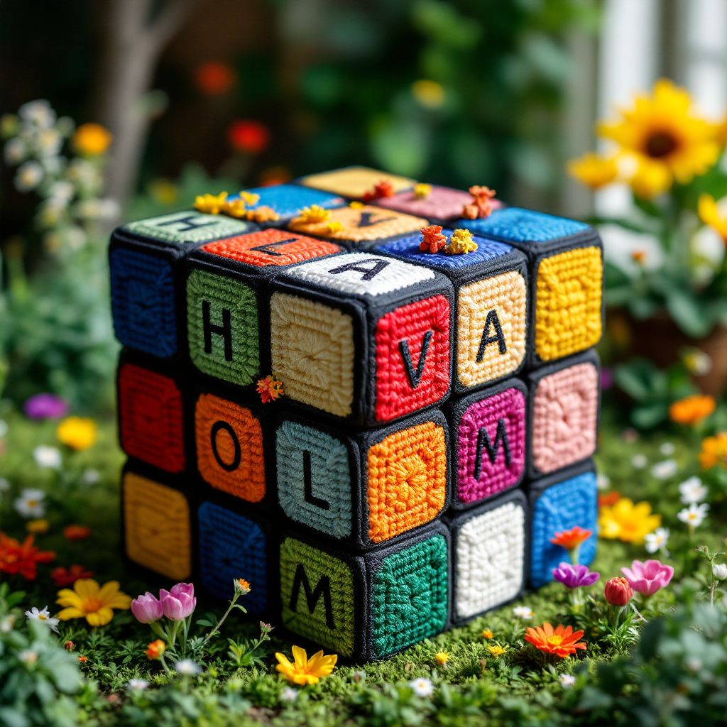 Colorful crochet-covered cube with the words 'HAVE A MOM' spelled out on its sides, placed among small flowers in a garden setting.