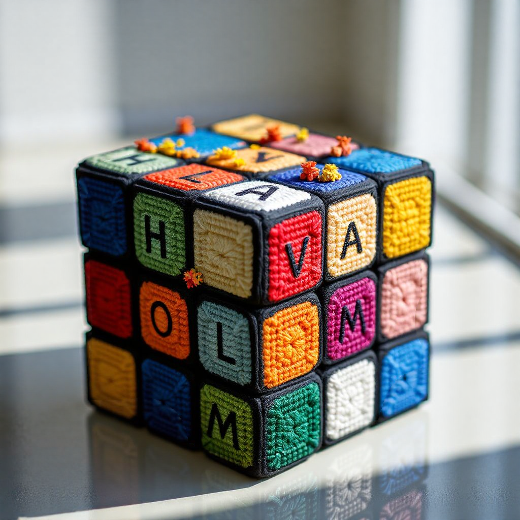 A colorful knitted cube with black borders, resembling a Rubik's Cube, with each section featuring a different letter and color, spelling out "HAVE A GOOD MOM".
