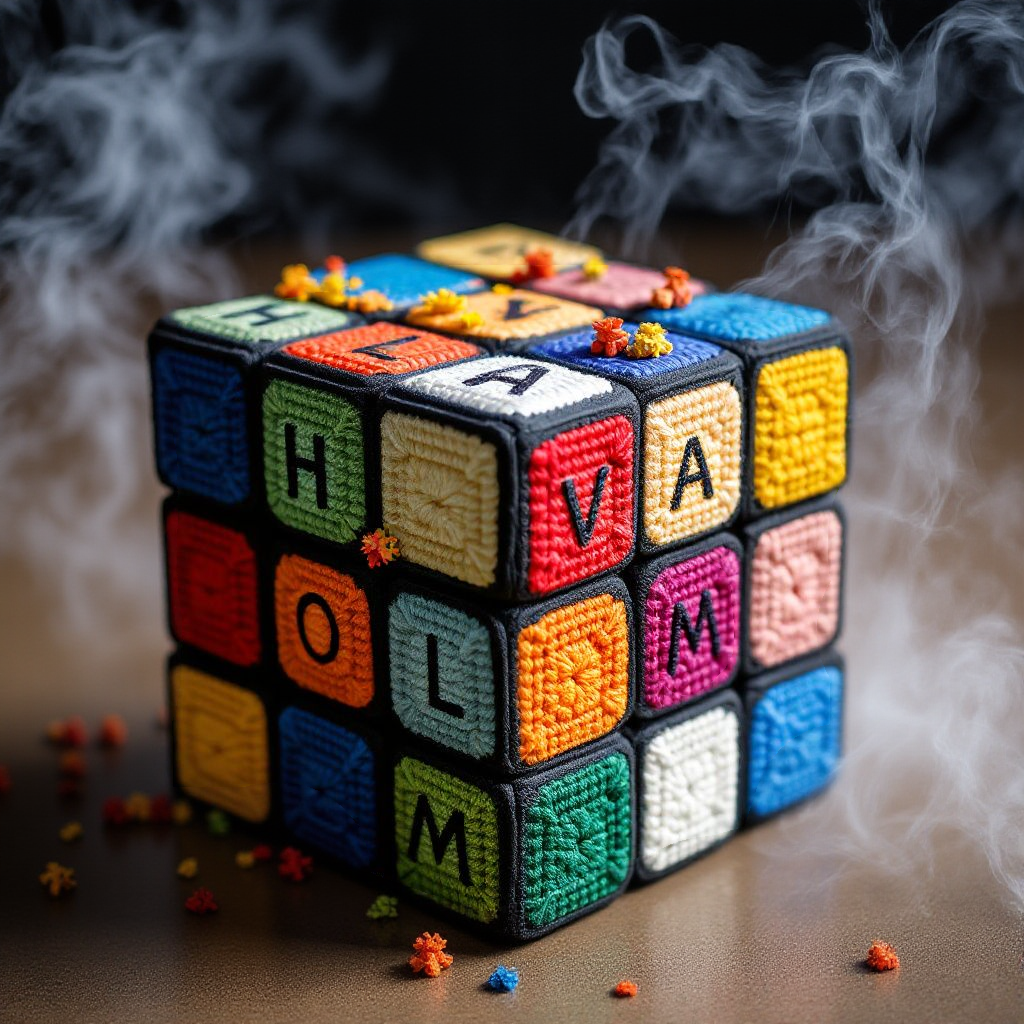 Colorful embroidered crochet puzzle cubes with letters, emitting smoke, with scattered small puzzle pieces on a table.
